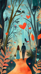 Illustration of a couple walking hand in hand through a forest with hearts in the trees on Valentine's Day