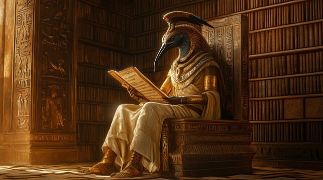 Ancient Egyptian god Thoth, with an ibis head, sits in a golden temple, reading a papyrus scroll, surrounded by hieroglyphs.