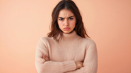 Obraz premium Portrait of a young woman with an upset expression, arms crossed, against a peach background, conveying frustration or annoyance.