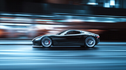 Speeding black car with silver accents moves through dark streets, motion blur reflecting its velocity-3