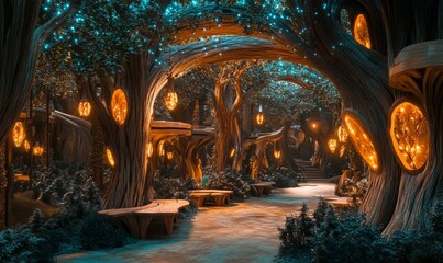 Fototapeta premium Magical glowing forest path with benches.