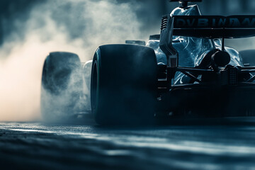 Close-up of a Formula 1 car's aerodynamic front wing, tire smoke billowing, emphasizing speed and precision-3