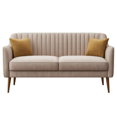 Stylish sofa with cushions, beige upholstery, modern design, isolated on white background. transparent background.