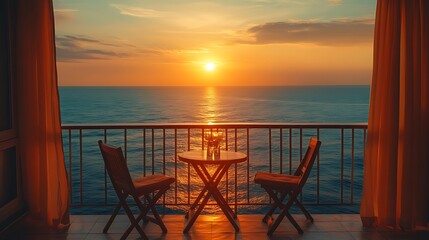 A romantic balcony overlooking a breathtaking sunset over the ocean. Two chairs and a table with a glass vase of flowers are set up on the balcony.