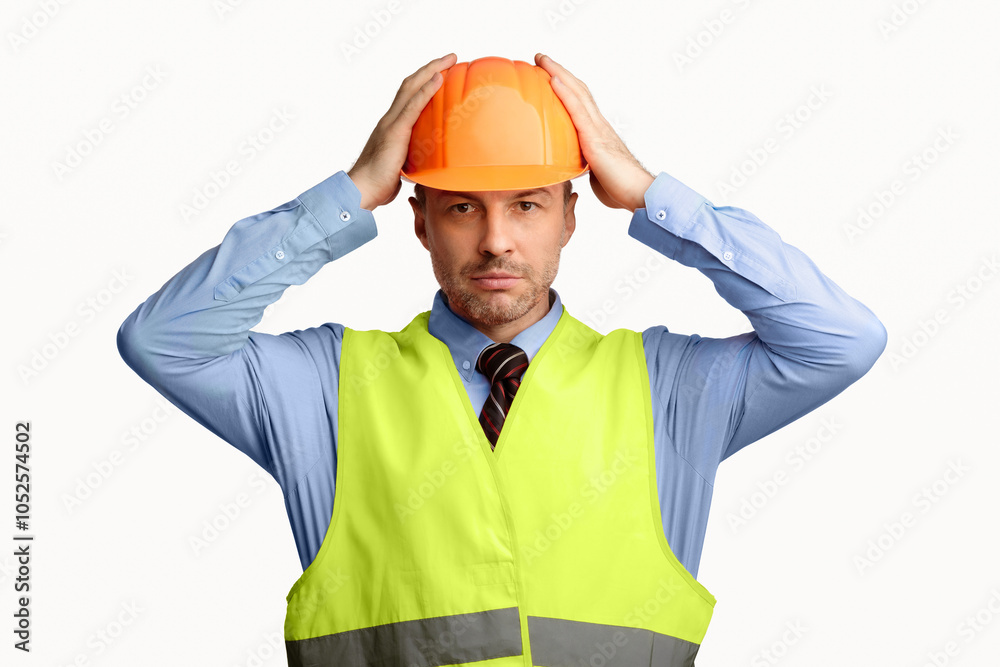 Poster building safety. construction worker wearing hardhat helmet looking at camera standing on white stud