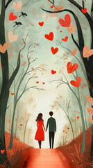 Illustration of a couple walking hand in hand through a forest with hearts in the trees on Valentine's Day