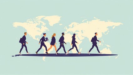 Obraz premium Different people walk across a world map, worldwide migration and flight due to economic reasons, crises, wars and environmental influences