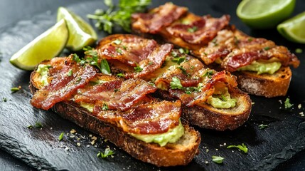 Avocado toast topped with crispy bacon, arranged on a charcoal slate plate, with fresh herbs, lime wedges, and a drizzle of olive oil