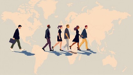 Obraz premium Different people walk across a world map, worldwide migration and flight due to economic reasons, crises, wars and environmental influences