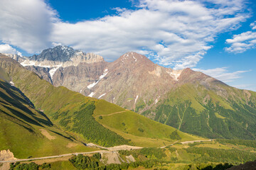 Obraz premium Scenic summer view of Zagar Pass, a high mountain pass at an elevation of 2.620m, from Ushguli in Upper Svaneti To Sasashi village in Lower Svaneti, Racha-Lechkhumi and Kvemo Svaneti region of Georgia