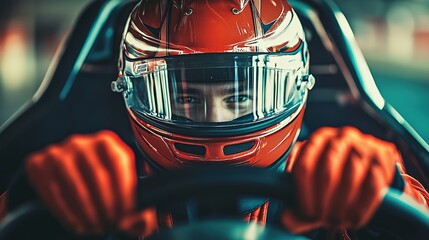 Intense portrait of a race car driver, helmet on, hands gripping the steering wheel inside the cockpit, ready for the race ahead