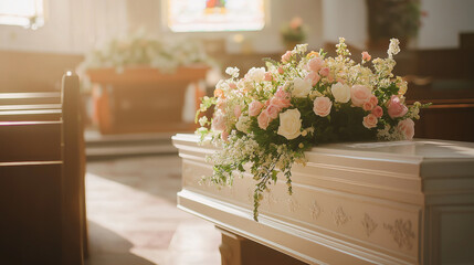 A solemn interior view of a chapel with a floral arrangement on a casket and a simple altar in soft afternoon light