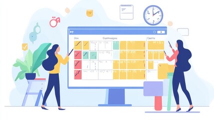 Calendar Agenda Work Schedule Concept for Business Planning Businesswomen utilize pen markings on the workflow plan, calendar, and virtual screen. Arrange essential dates and timetables. Time