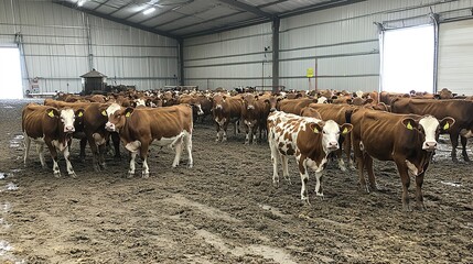 A herd of brown and white cows in a large indoor farm building, standing on a muddy floor, showcasing a typical agricultural environment.