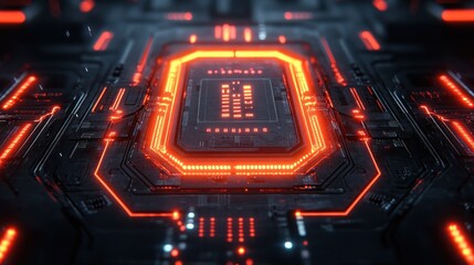 A glowing red CPU chip is the center of a complex circuit board, representing the heart of modern technology.
