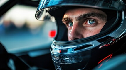 Close-up of a race car driver wearing a full-face helmet, eyes focused intently ahead, set against the backdrop of a race track, exuding a sense of determination