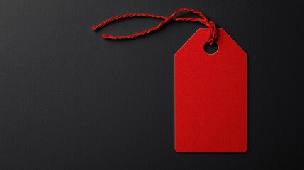 A vibrant red tag lies on a dark surface, showcasing its simple design and potential for labeling or pricing items.