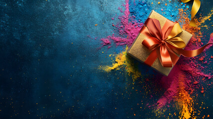 Artistic Gift with Ribbons and Colorful Powder Effects for Banners and Wallpapers with Central Text Space
