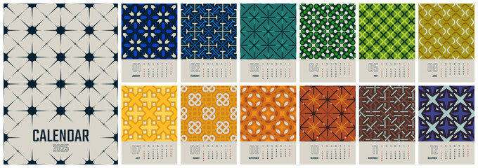 Monthly vector wall calendar 2025 with week start Sunday, 12 pages with colored pattern, Work or business planner with abstract illustrations, English version