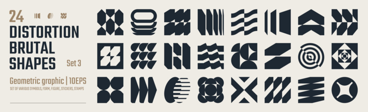 Postmodern abstract geometric graphic elements, Refraction and distortion glass effect various form, Brutalist vector shapes, trendy retro design symbols in Y2K aesthetics, vintage stickers, set 3