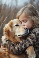 A little girl lovingly hugs a golden retriever, showcasing a bond of unconditional love and comfort in nature.