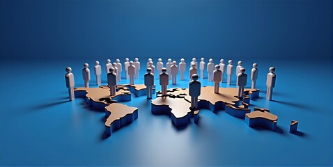 Different people walk across a world map, worldwide migration and flight due to economic reasons, crises, wars and environmental influences