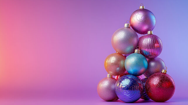 Magestic Christmas tree made of ball-shaped toys. Beautiful New Year celebration installation. Abstract Majestic holiday mockup.