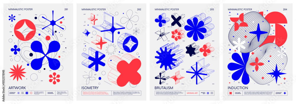 Poster brutalist style vector minimalistic posters with silhouette basic figures, retro futuristic graphic 