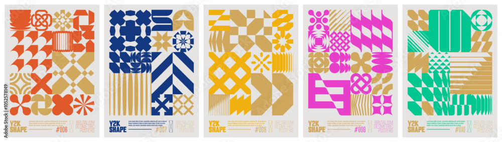 Poster Y2K shape abstract geometric composition in brutalism style, vector minimalistic Posters with silhouette basic figures, Retro futuristic graphic elements of geometrical postmodern figures set 2