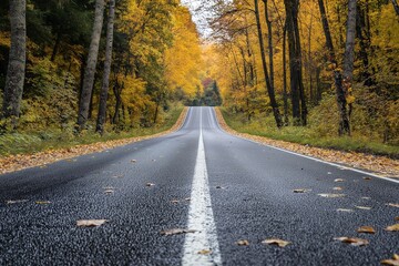 An endless road stretches through a vibrant autumn forest, with leaves scattered along its path.