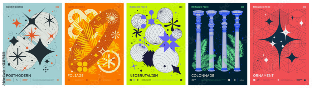 Aufkleber minimalistic brutalism colorful trendy poster, abstract geometric composition graphic in y2k aesthet