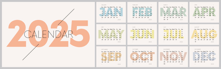 Monthly minimalistic vector calendar 2025 with week start Sunday, 12 pages with colored months, Work or business planner grid in horizontal design, English version