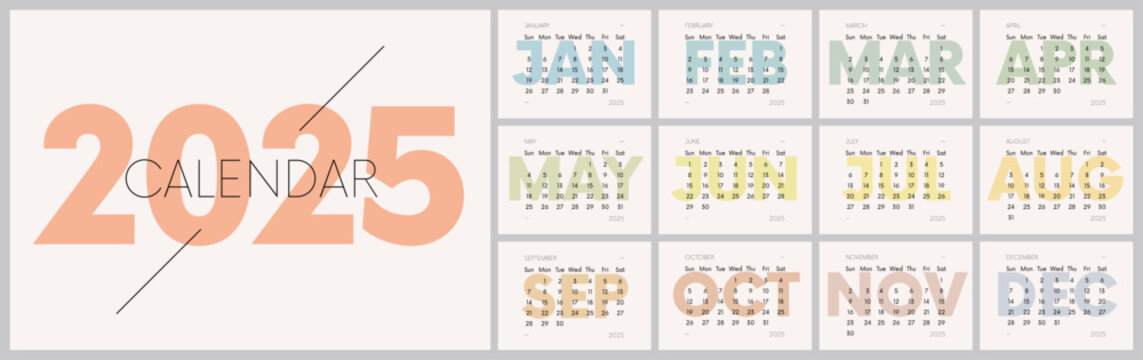 Monthly minimalistic vector calendar 2025 with week start Sunday, 12 pages with colored months, Work or business planner grid in horizontal design, English version