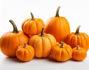 A collection of small, vibrant orange pumpkins, isolated on a white background
