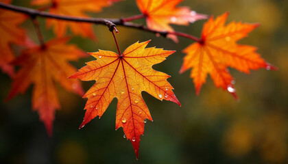 Obraz premium A close-up of a vibrant orange and red maple leaf against a blurred autumn background