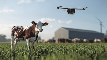 A drone hovers over a cow in a lush field, with a farm building and wind turbine in the background, showcasing the intersection of agriculture and technology.
