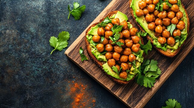 Vegan avocado toast with roasted chickpeas, placed on a rustic wooden board, with a sprinkle of cumin and fresh cilantro on a dark background