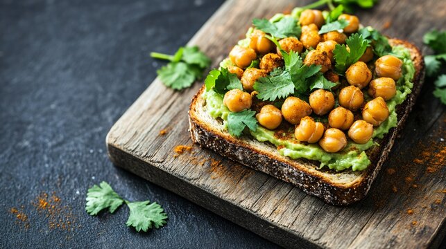 Vegan avocado toast with roasted chickpeas, placed on a rustic wooden board, with a sprinkle of cumin and fresh cilantro on a dark background