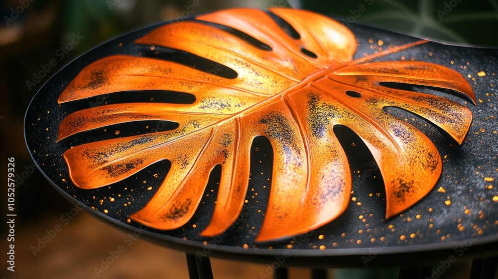 Wall mural a large golden monstera leaf on a dark background.