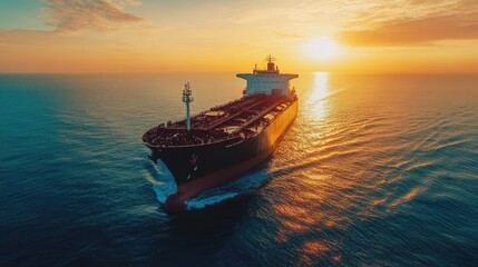 Obraz premium Cargo Ship Sailing at Sunset Over Calm Waters