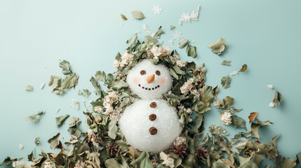 Obraz premium A cute little snowman made with leaves and branches as symbols of winter holidays. New year celebration. Christmas celebration concept.