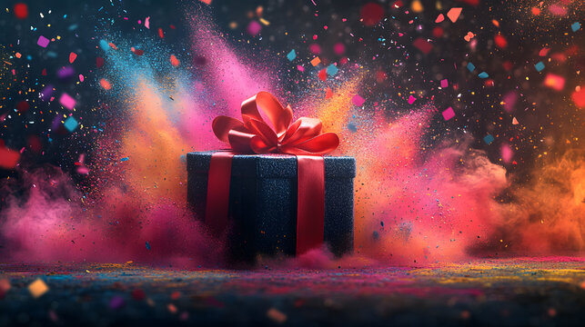 Artistic Gift with Ribbons and Colorful Powder Effects for Banners and Wallpapers with Central Text Space