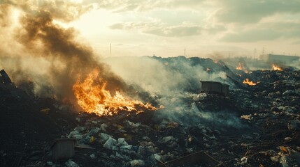 Fototapeta premium A Large Pile of Burning Trash With Smoke Rising Against a Cloudy Sky