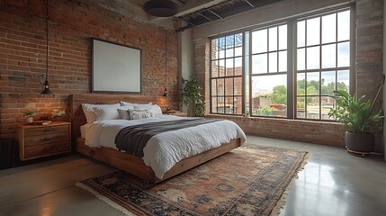 Modern bedroom with exposed brick wall, large windows, and a king-size bed with white bedding.