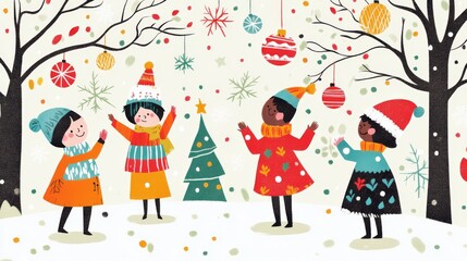 Winter Wonderland Celebration: Joyful Children Celebrate Christmas in a whimsical winter scene.