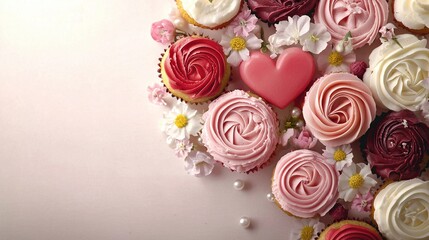 Fototapeta premium A heart-shaped batch of cupcakes with pink and white frosting on a pink background