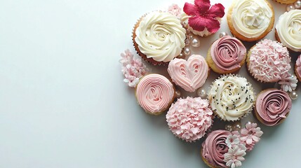 Fototapeta premium A white table adorned with an array of cupcakes, all smothered in pink and white frosting and sprinkles