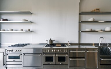 Fototapeta premium Modern kitchen with stainless steel appliances and open shelves.
