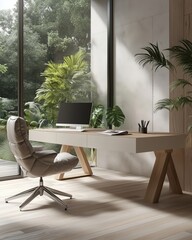 Fototapeta premium Modern Home Office with Minimalist Desk, Ergonomic Chair, and Large Window Overlooking Lush Greenery, Ideal Workspace for Productivity and Inspiration