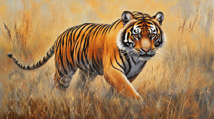 The majestic Royal Bengal Tiger, also known as Panthera tigris, a powerful symbol of wildlife conservation, exuding strength and dignity.